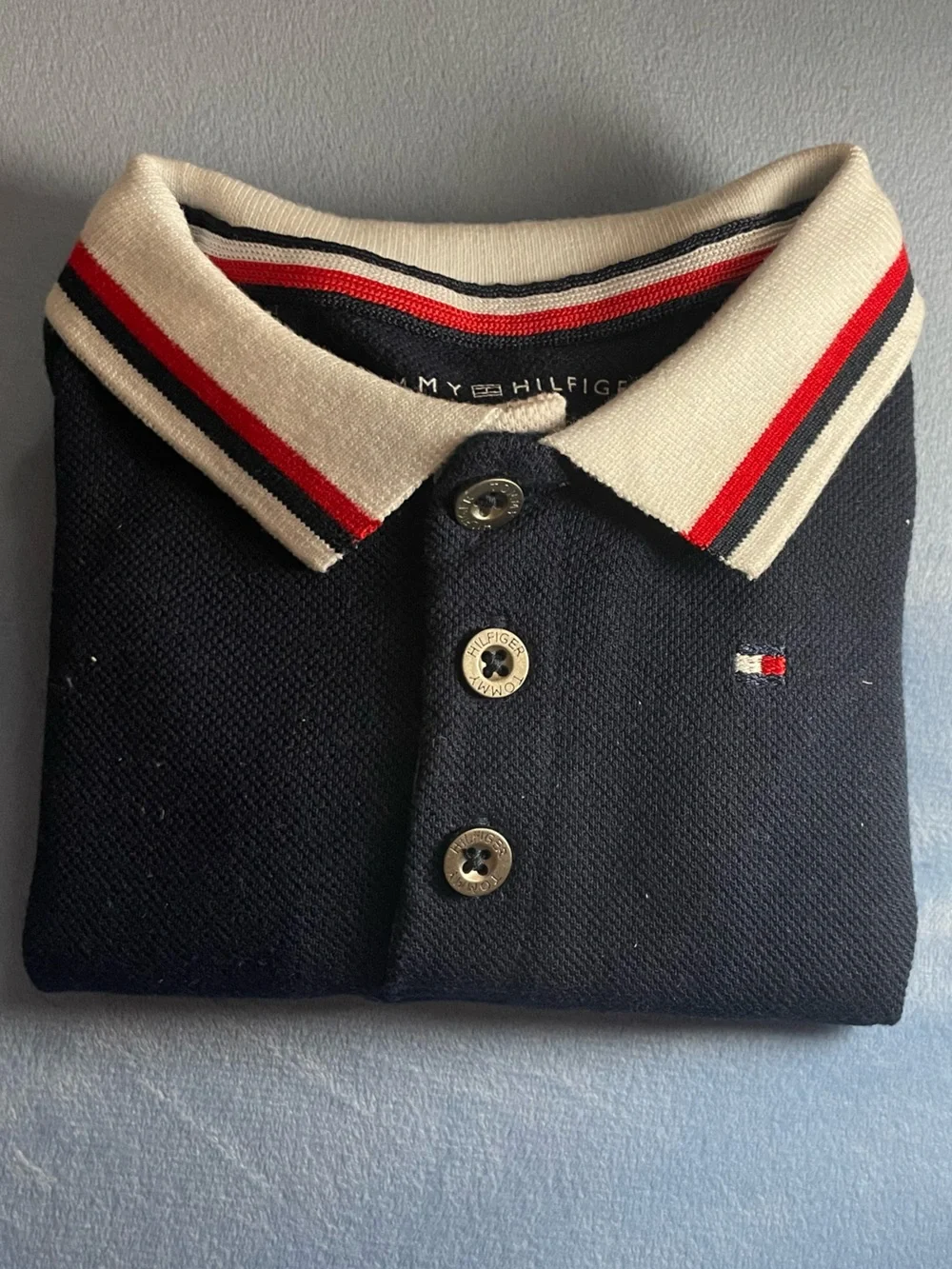 Tommy Hilfiger Navy Knit Polo with Red and White Flag